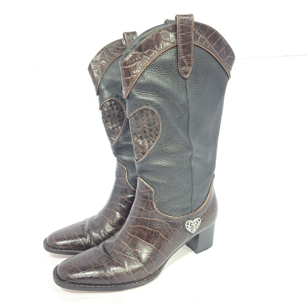 Brighton Women’s Toby Western Boots Sz 7.5 Black Brown Heart Charm Leather NICE!
